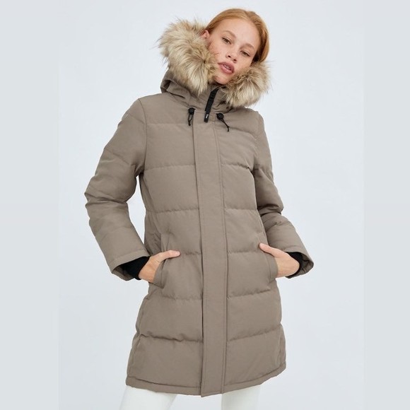 Aritzia Tna The Powder Parka Mid Length Jacket Taupe Goose Down LIKEW NEW SMALL - Picture 3 of 12